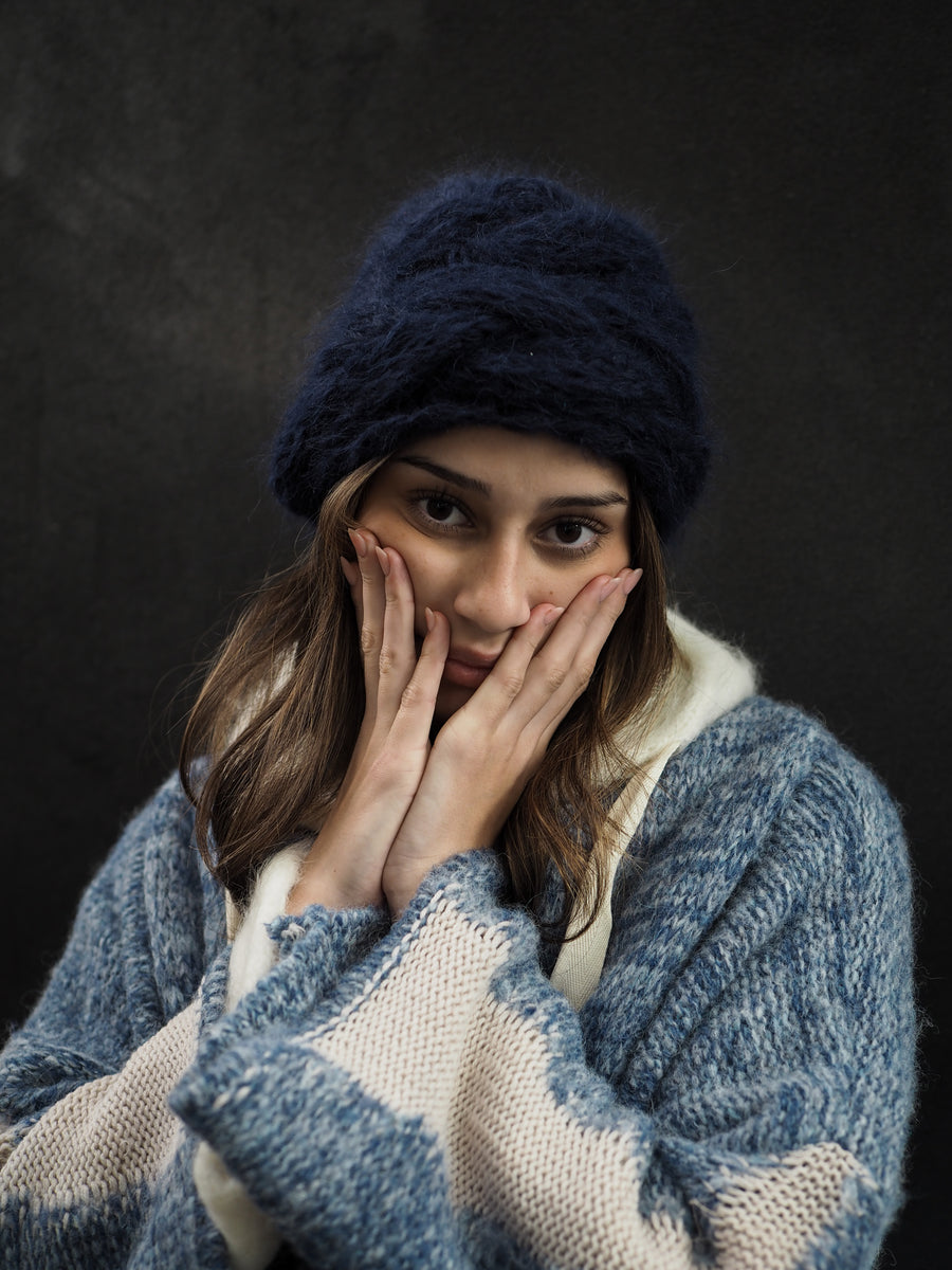 Hand Knit Cable Beanie Style Hat - (Alpaca) Navy