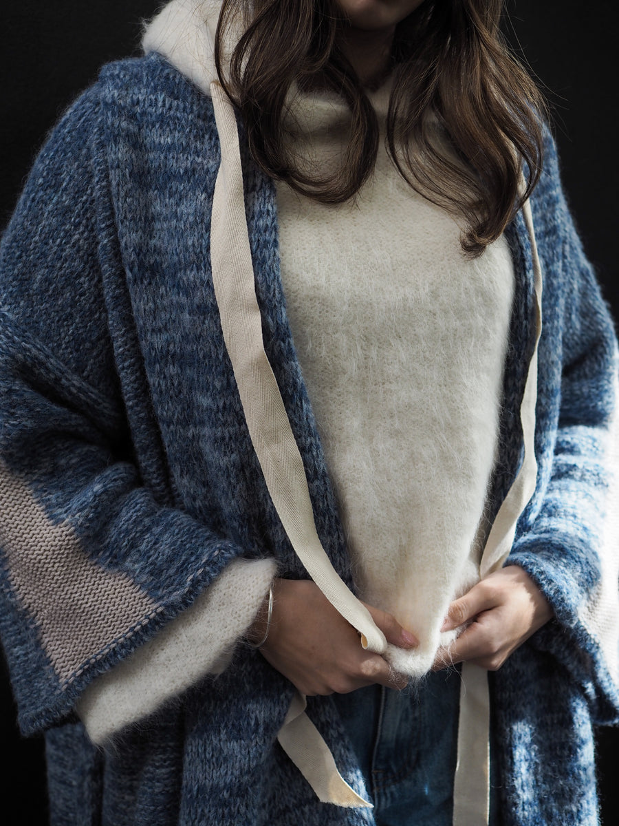 Kimono Style Cardigan With Mesh Detail (Alpaca) - Denim Blue/Natural