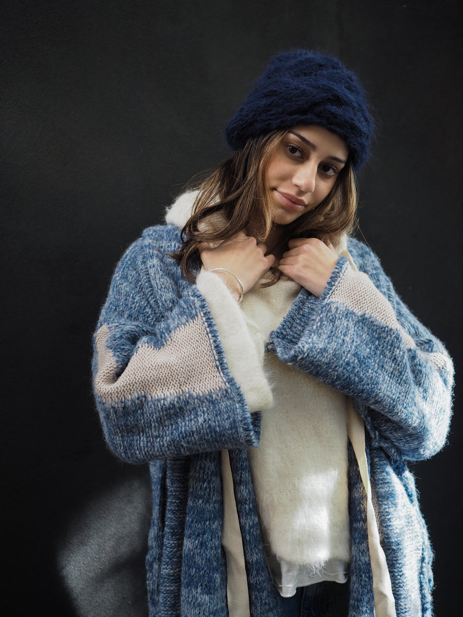 Kimono Style Cardigan With Mesh Detail (Alpaca) - Denim Blue/Natural
