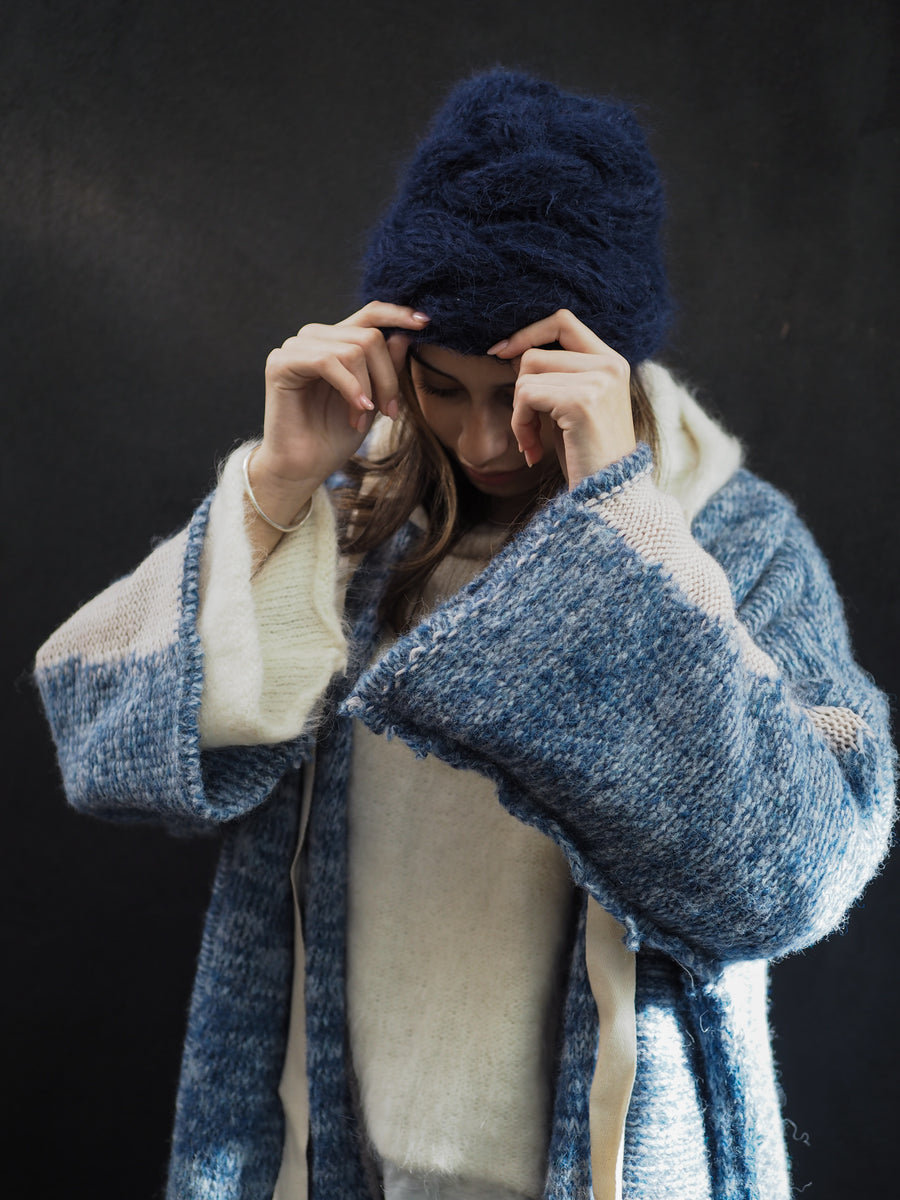 Hand Knit Cable Beanie Style Hat - (Alpaca) Navy
