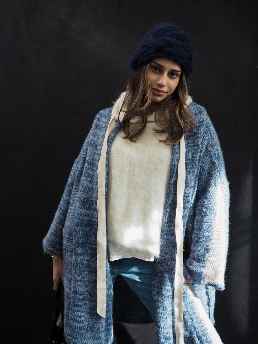 Kimono Style Cardigan With Mesh Detail (Alpaca) - Denim Blue/Natural