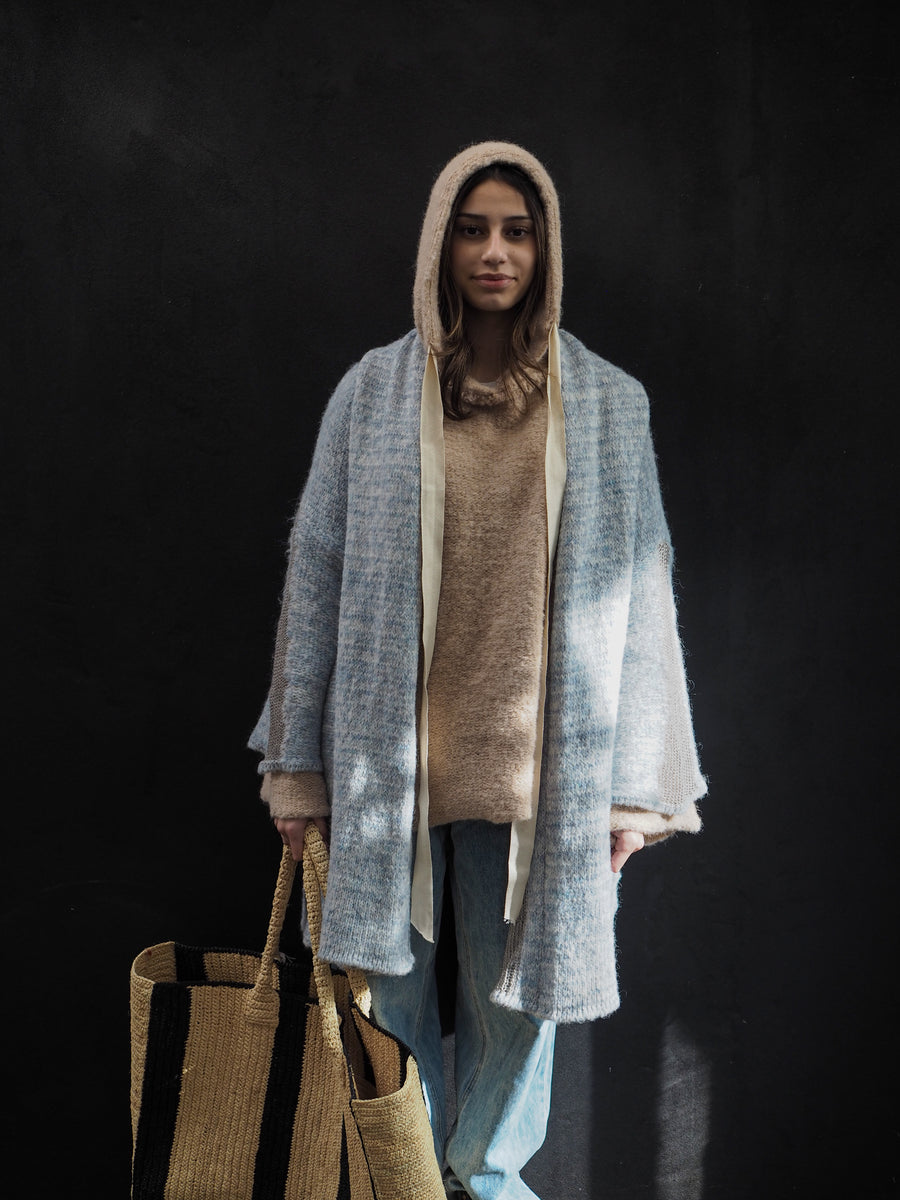 Kimono Style Cardigan With Mesh Detail (Alpaca) - Sky blue