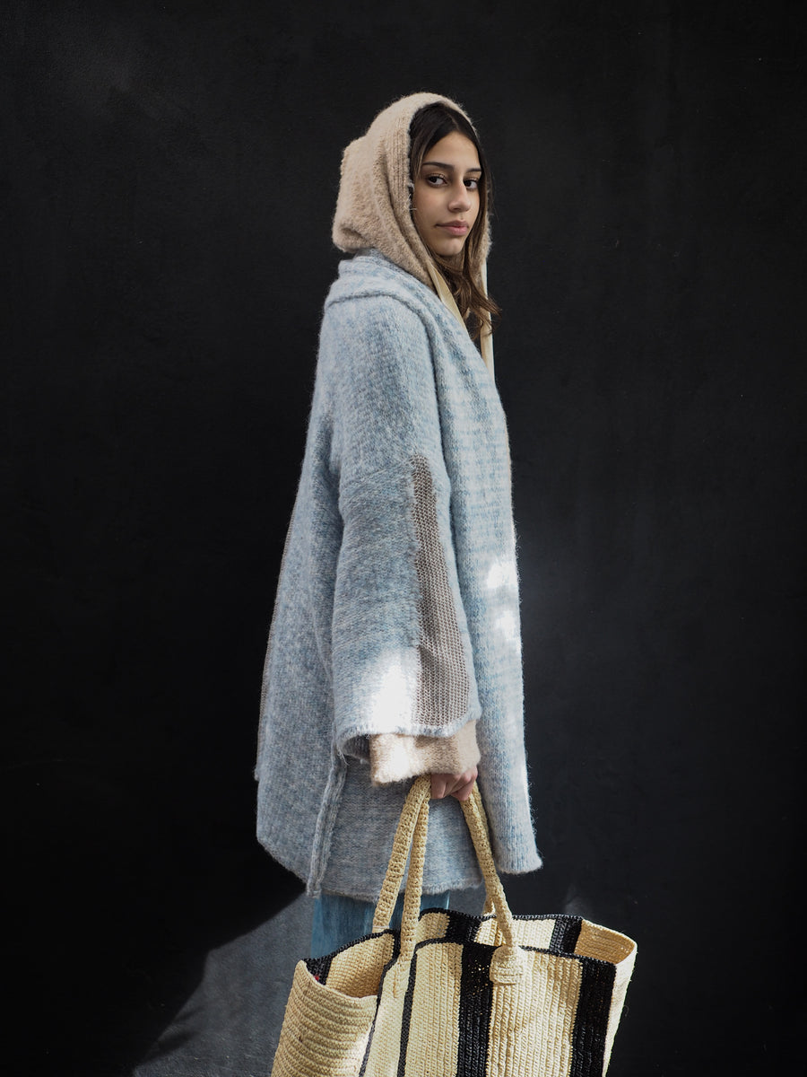 Kimono Style Cardigan With Mesh Detail (Alpaca) - Sky blue
