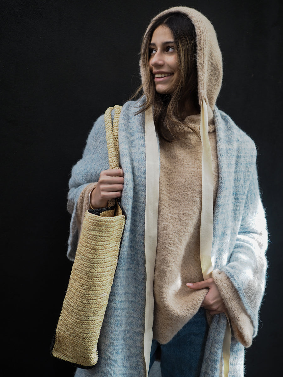 Kimono Style Cardigan With Mesh Detail (Alpaca) - Sky blue