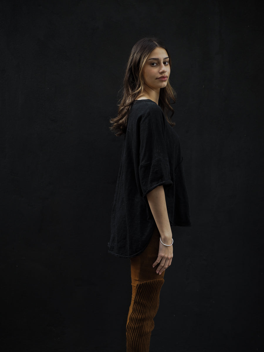 Spliced Tee Top - (Linen) Black