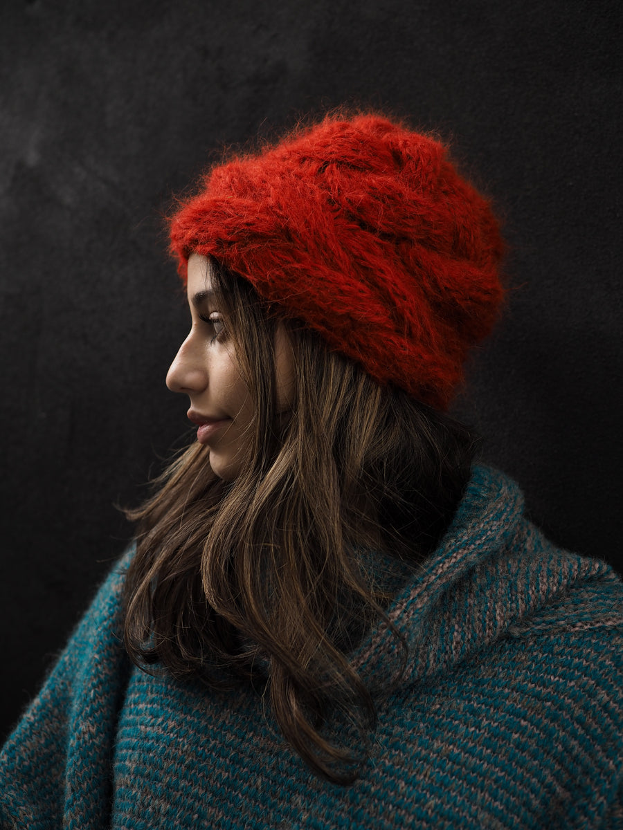 Hand Knit Cable Beanie Style Hat - (Alpaca) Rust