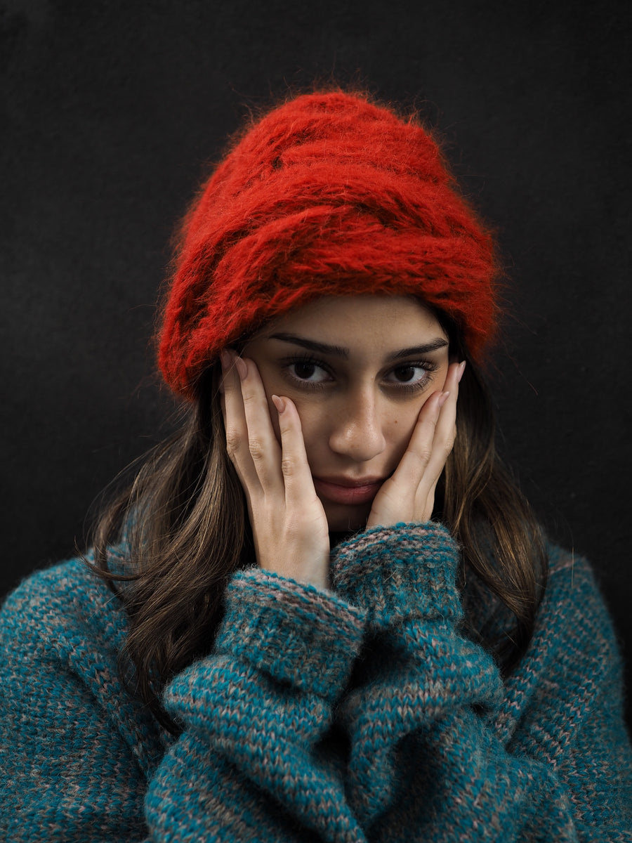 Hand Knit Cable Beanie Style Hat - (Alpaca) Rust