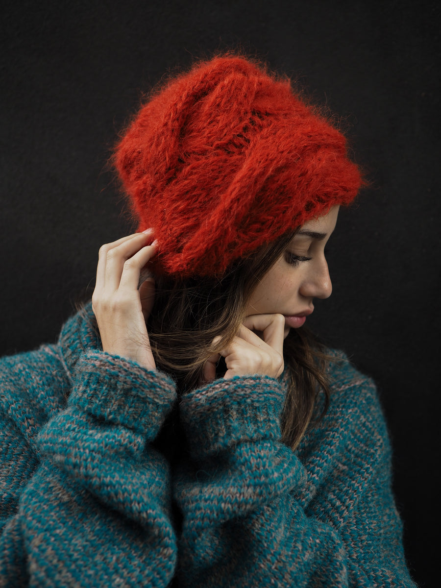 Hand Knit Cable Beanie Style Hat - (Alpaca) Rust