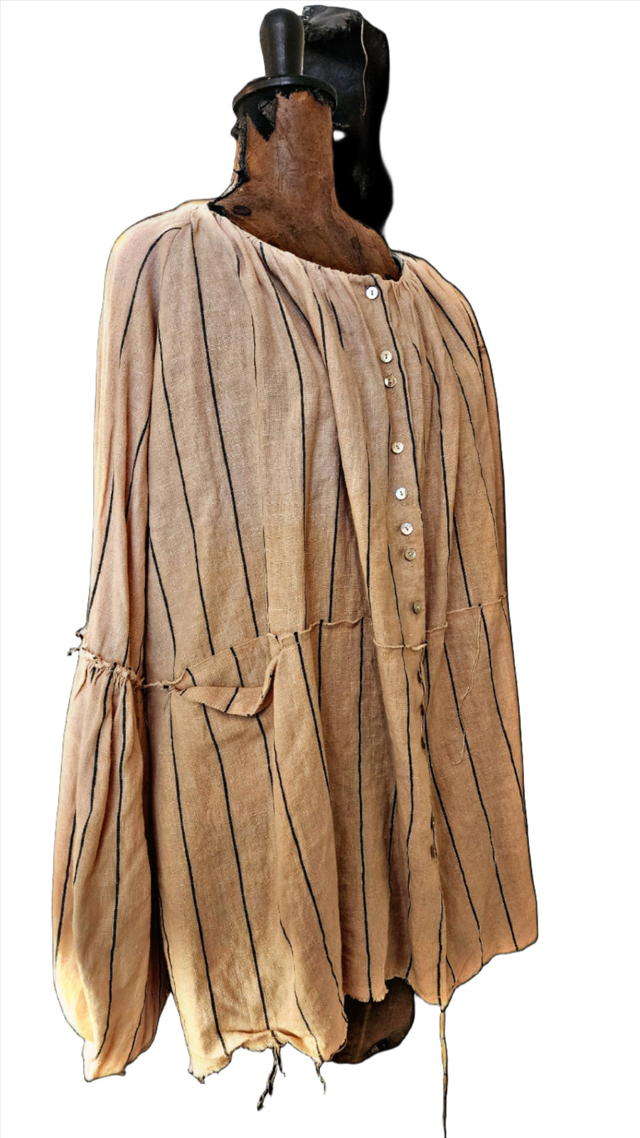 Blouse with Balloon Sleeves (Linen) - pinstripe natural