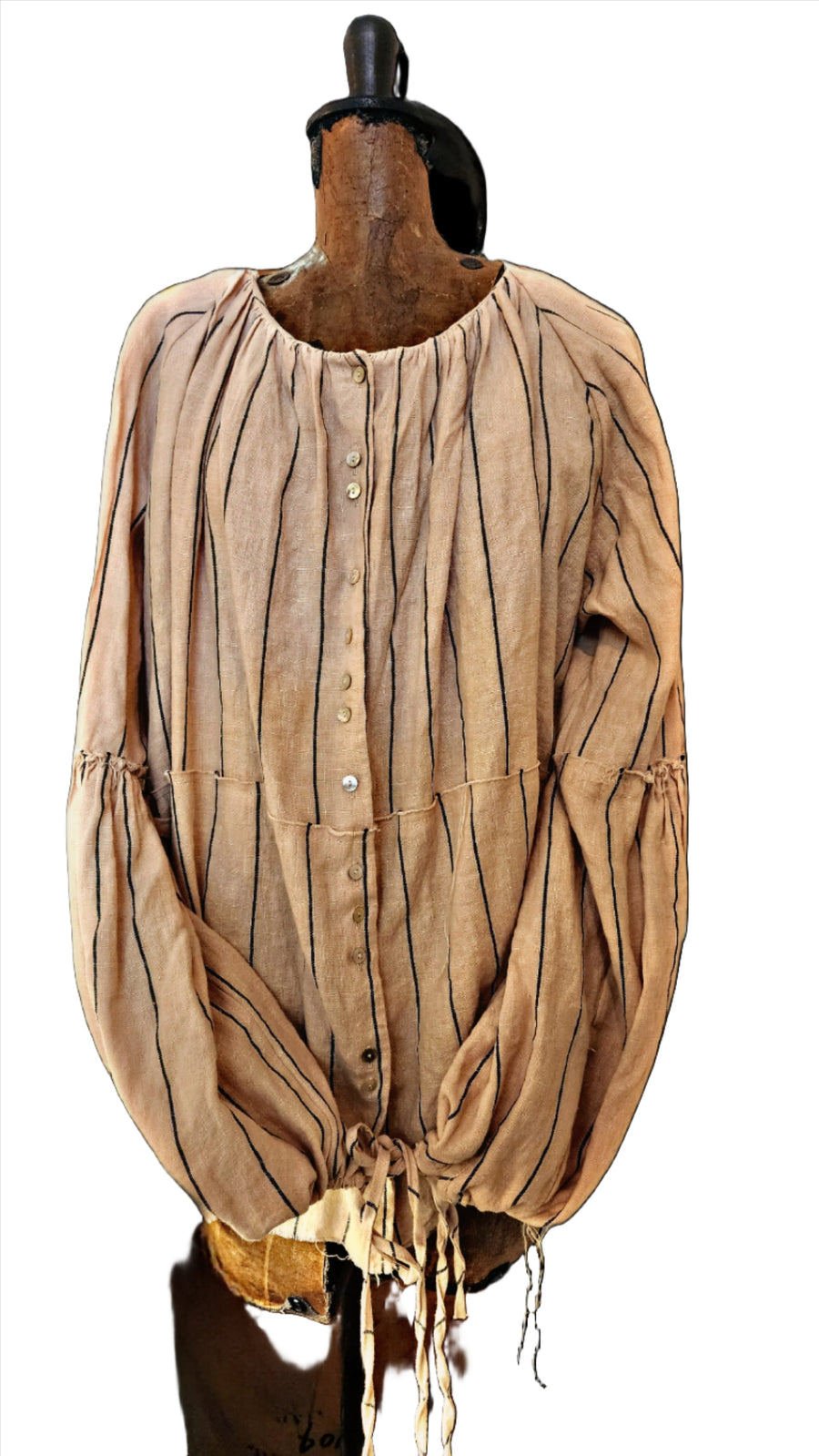 Blouse with Balloon Sleeves (Linen) - pinstripe natural
