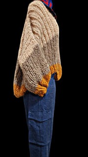 Hand knit alpaca V neck sweater with tri stripe - saffron