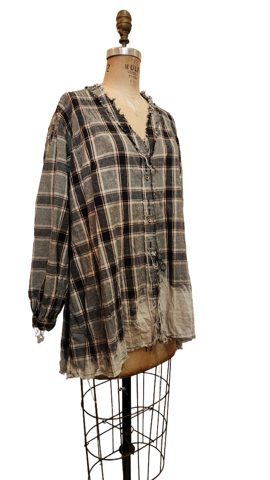 Pin-tuck oversize Shirt (Linen) Acid wash Tartan check