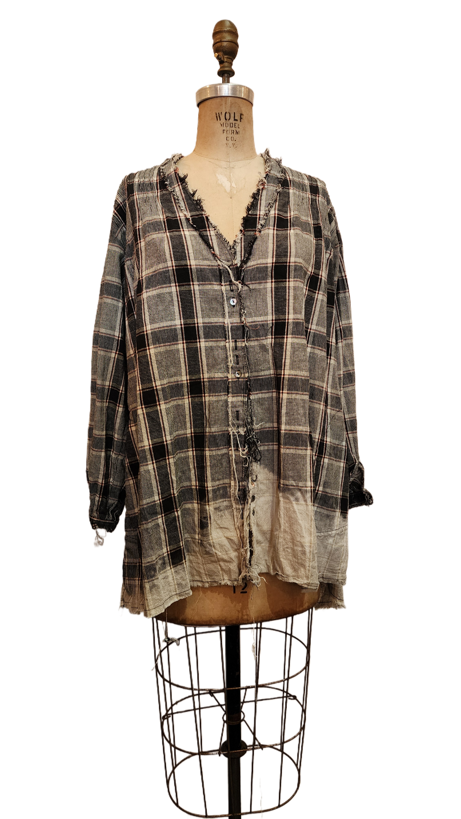 Pin-tuck oversize Shirt (Linen) Acid wash Tartan check