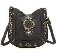 Crossbody Bag Nora in garment-dyed cowhide leather with studs and rhinestones - Black
