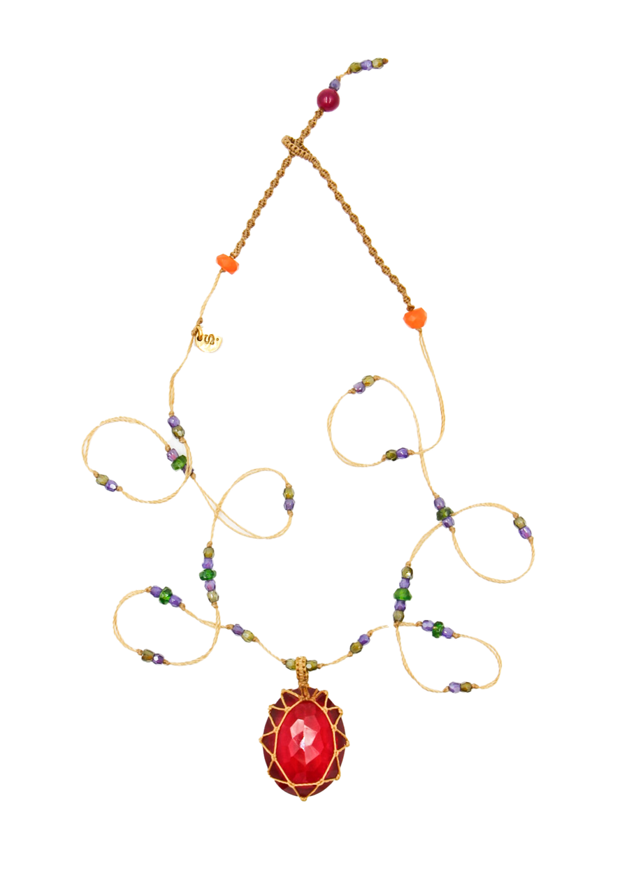 Short Tibetan Necklace - Glass Filled Red