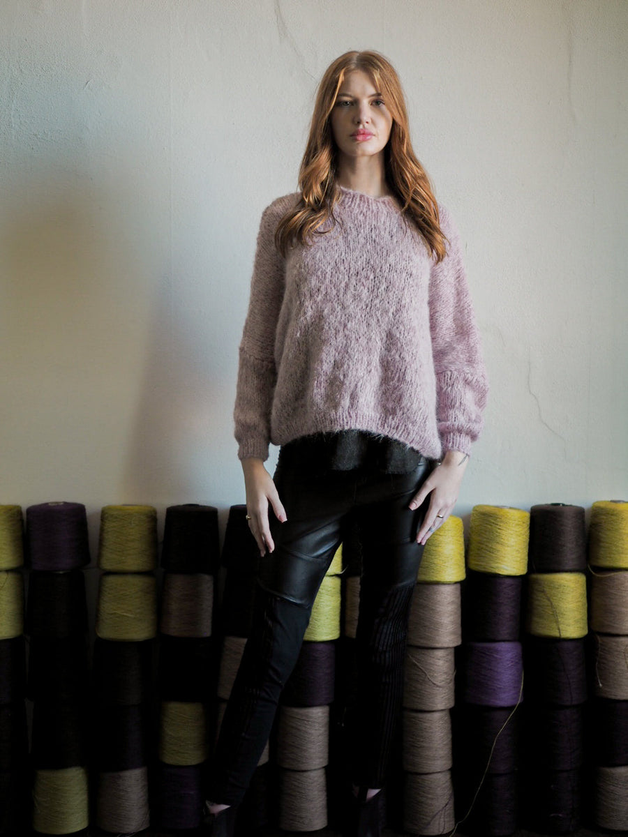 Hand-Knit Crew Neck Sweater Alpaca - Purple
