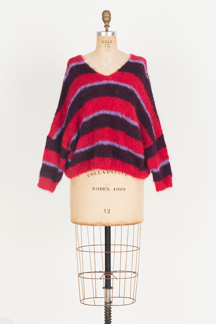Hand Knit V Neck Batwing Sweater (Alpaca) Red Stripe