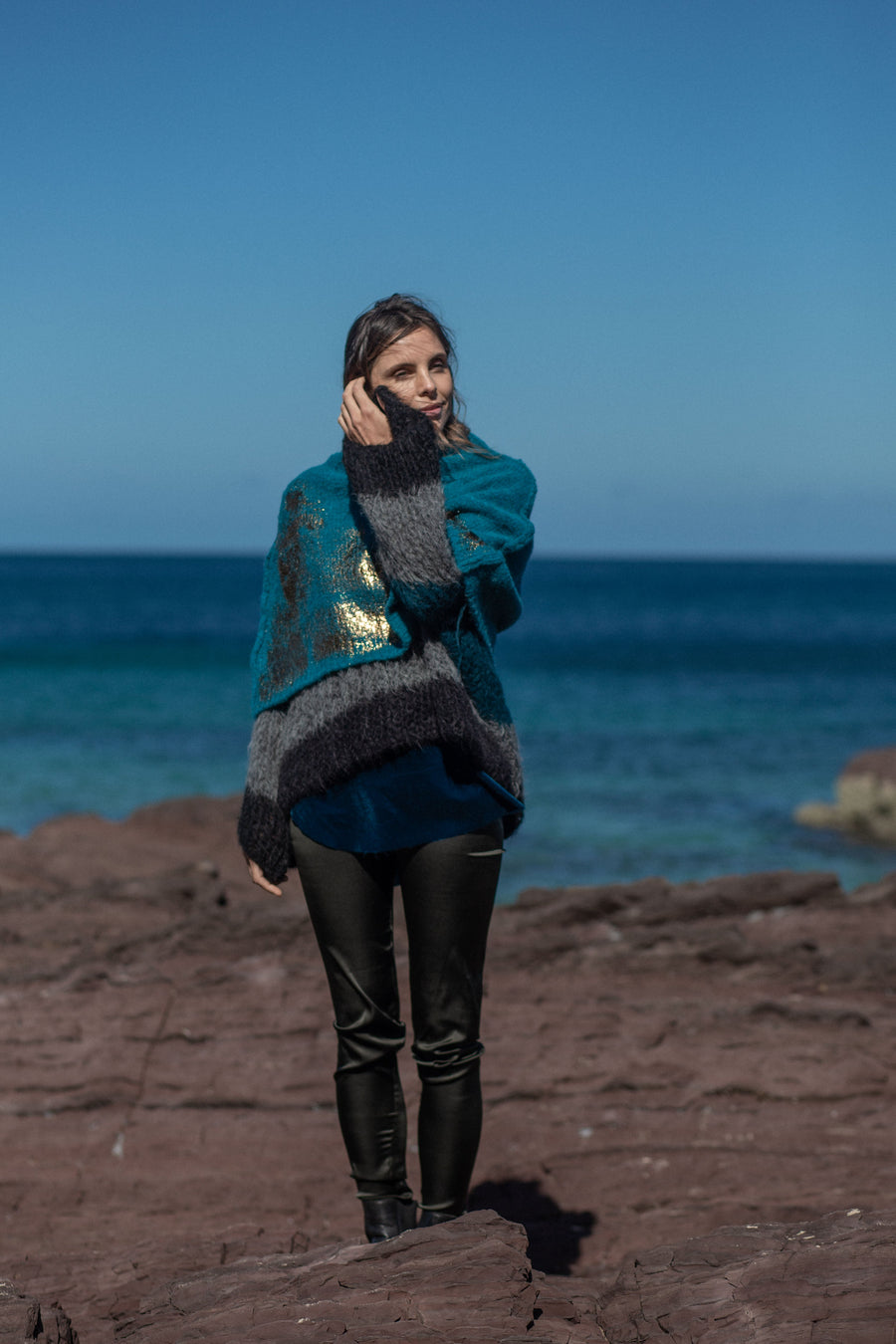 Hand Knit V Neck Sweater (Alpaca) Tri Stripe Ocean / Charcoal / Black