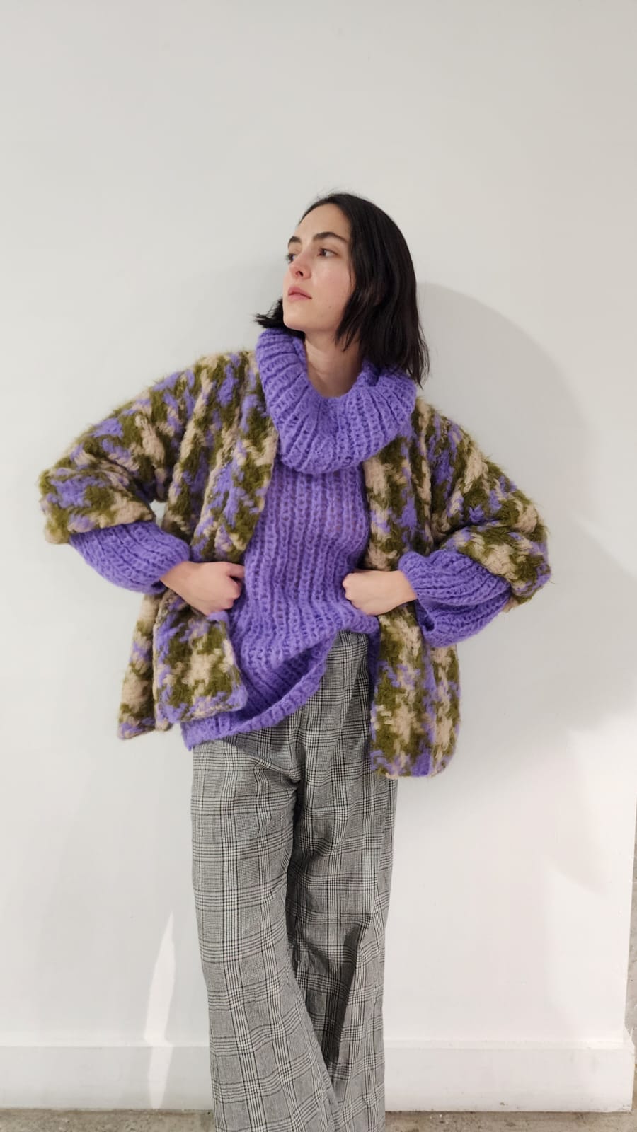 Alpaca hounds-tooth swing jacket Lilac