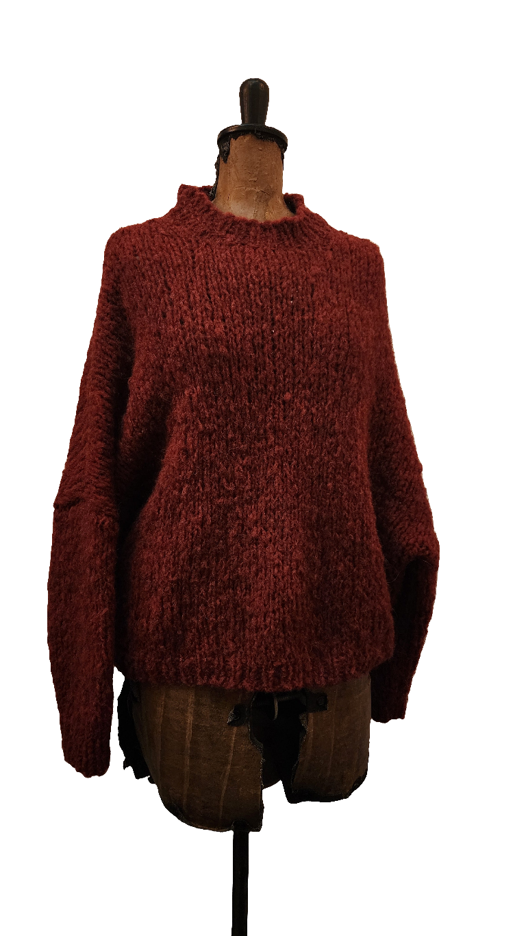 Hand-knit crew neck sweater alpaca - Brick