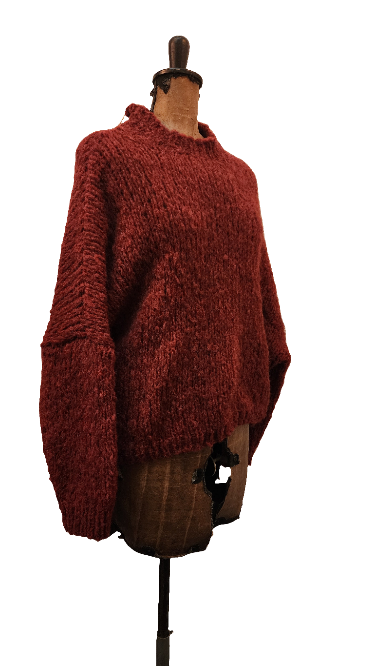 Hand-knit crew neck sweater alpaca - Brick