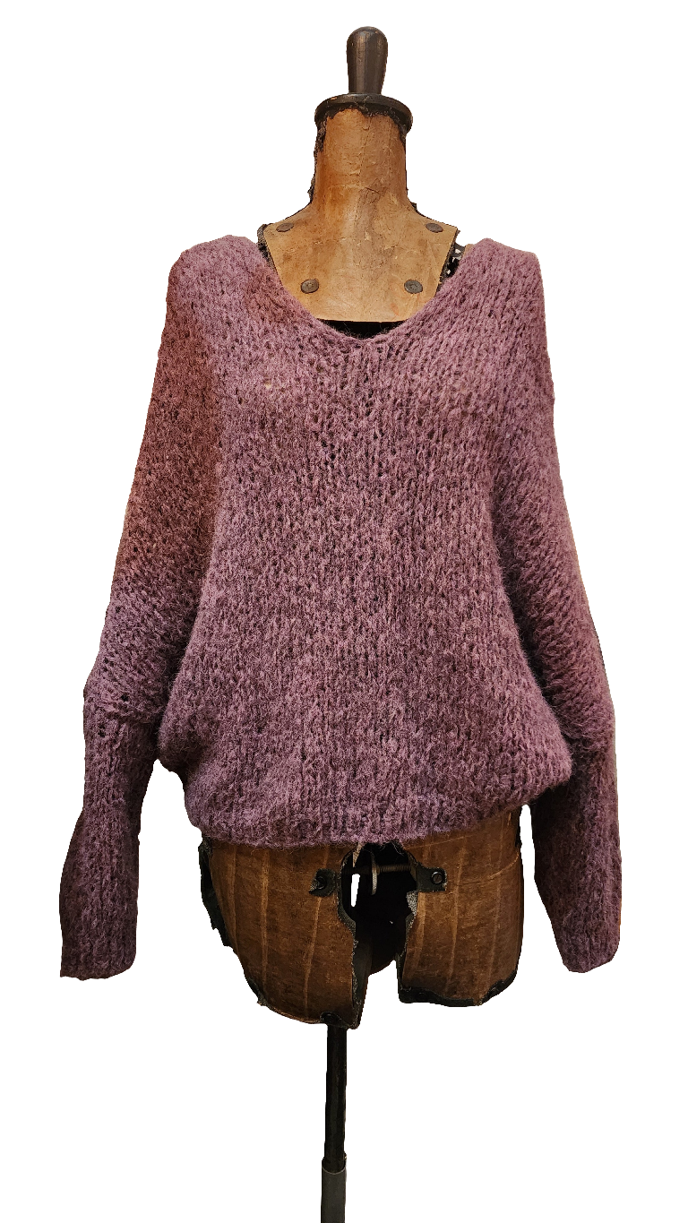 Alpaca hand knit batwing sweater - V neckline raspberry