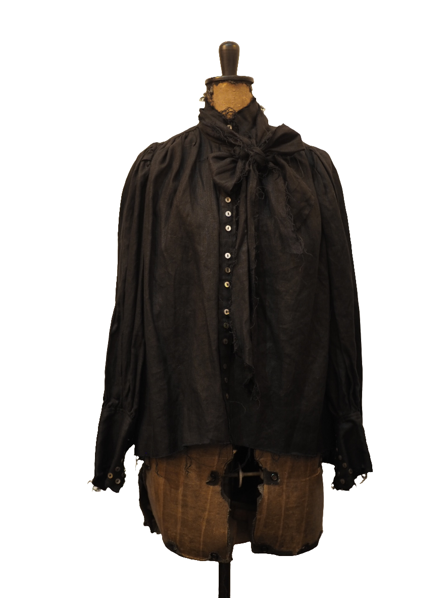 Button Through Blouse with Optional Neck Tie (Linen) - Black