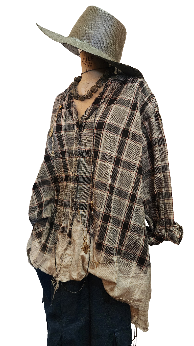 Pin-tuck oversize Shirt (Linen) Acid wash Tartan check