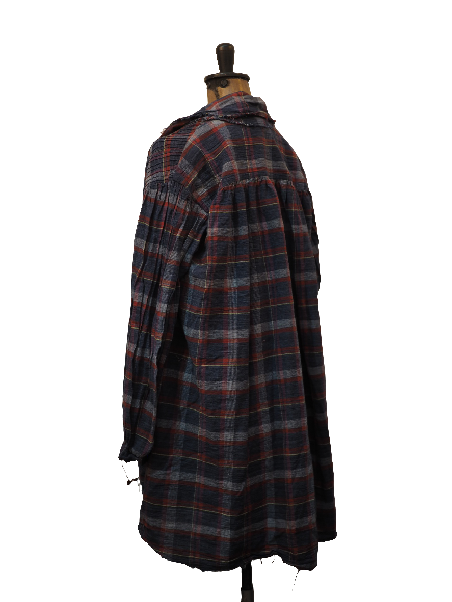 Amano Pin-tuck check Shirt (Linen) - Navy/White/rust tartan