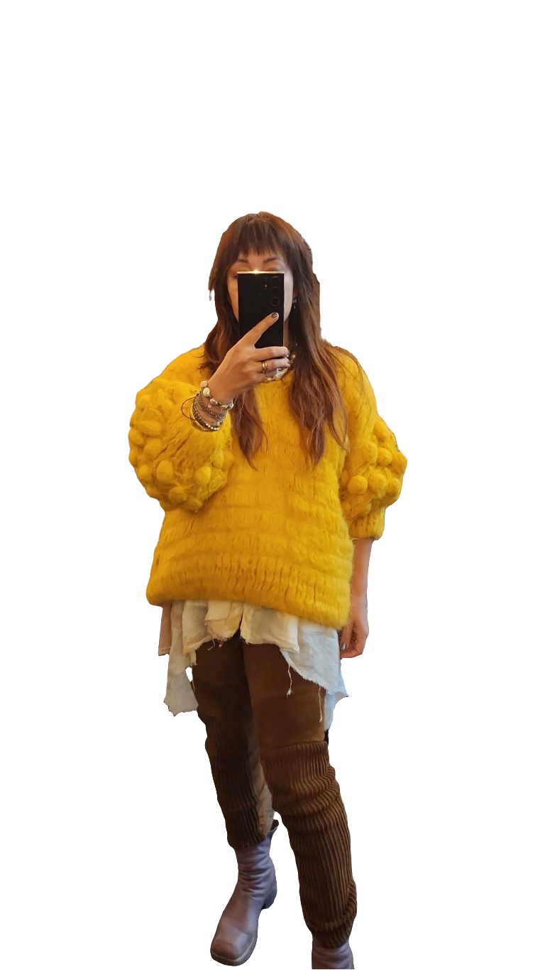 Hand Crochet Bluson With Pompom Sleeves (Alpaca) - Navy