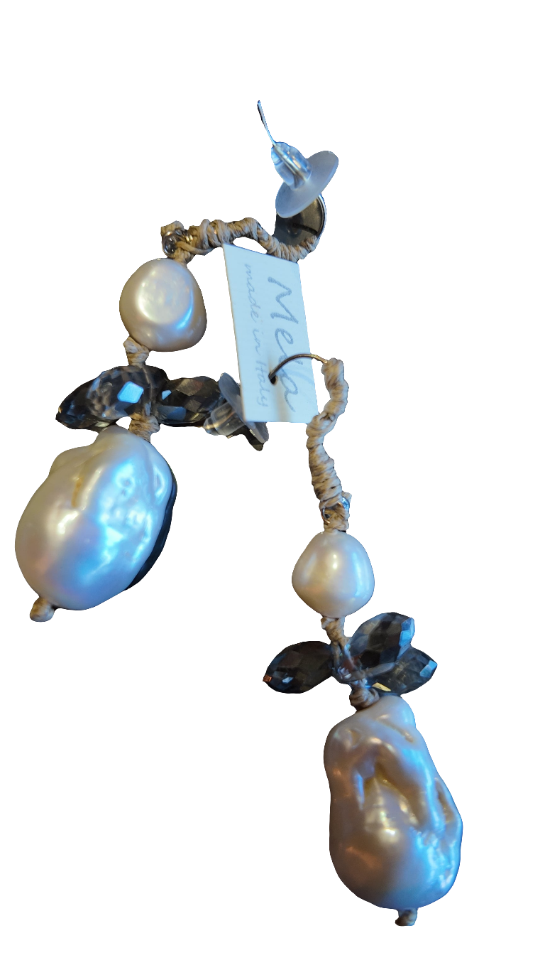 Mela Queen Earrings (Baroque Pearls + Smoky Crystals)