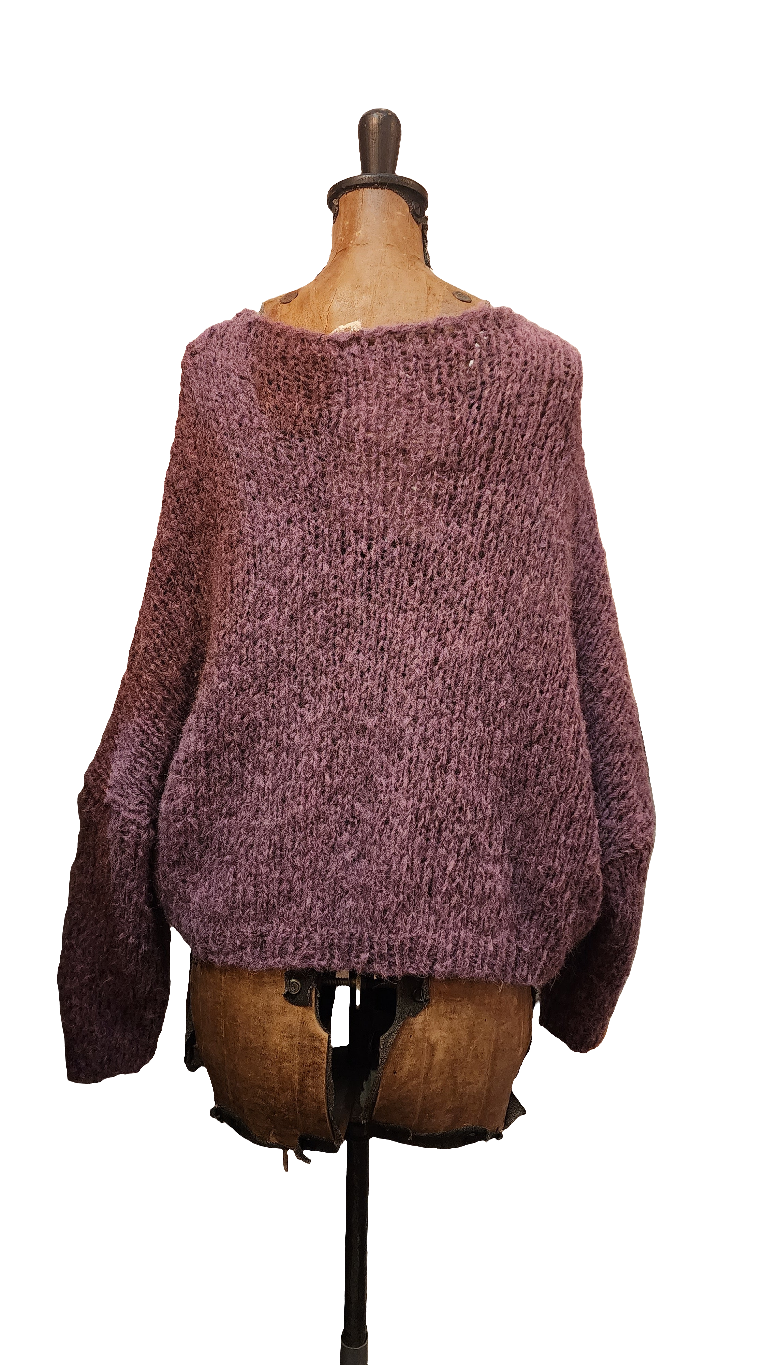 Alpaca hand knit batwing sweater - V neckline raspberry