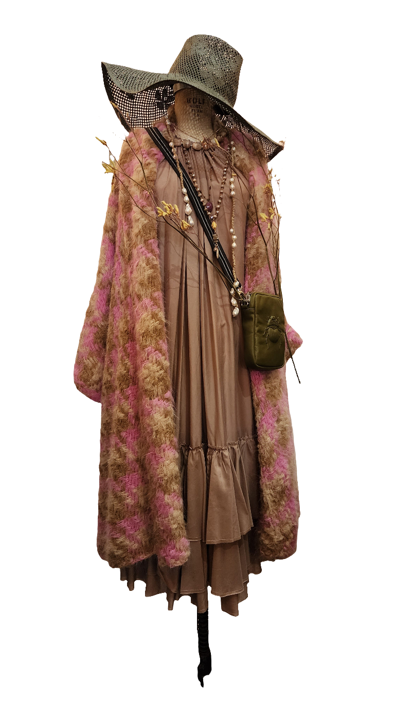 Handloom Maxi coat in houndstooth weave - Bespoke pink/nude