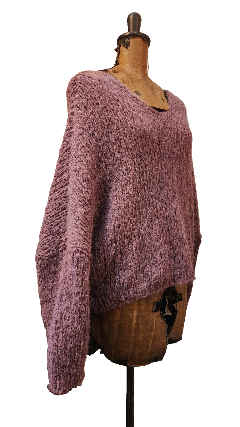 Alpaca hand knit batwing sweater - V neckline raspberry