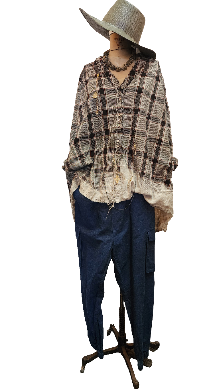 Pin-tuck oversize Shirt (Linen) Acid wash Tartan check