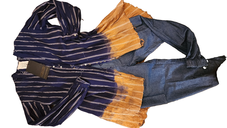 Pin-Tuck Oversize Shirt (Linen-Pinstripe ) Acid Wash Indigo