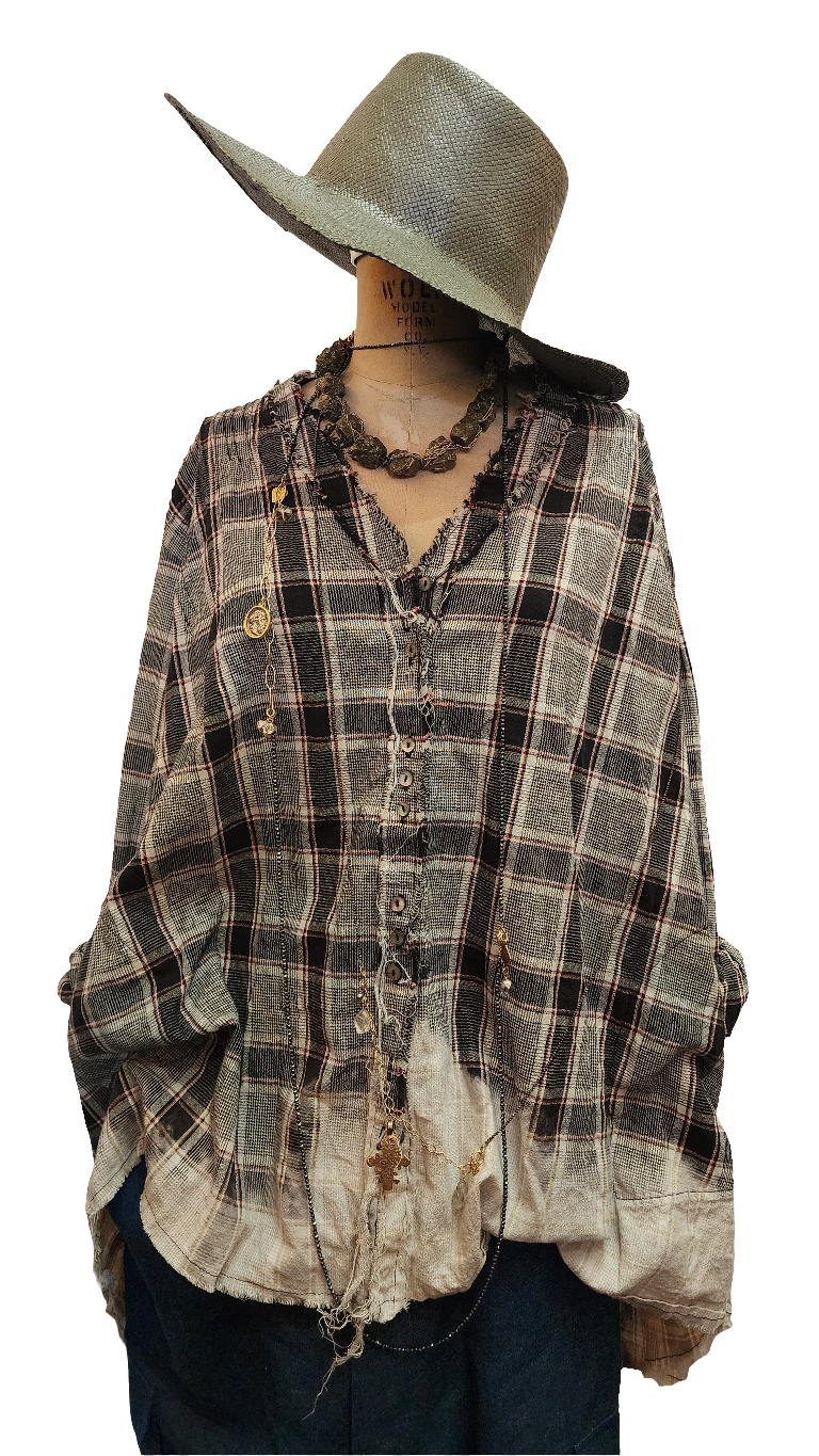 Pin-tuck oversize Shirt (Linen) Acid wash Tartan check