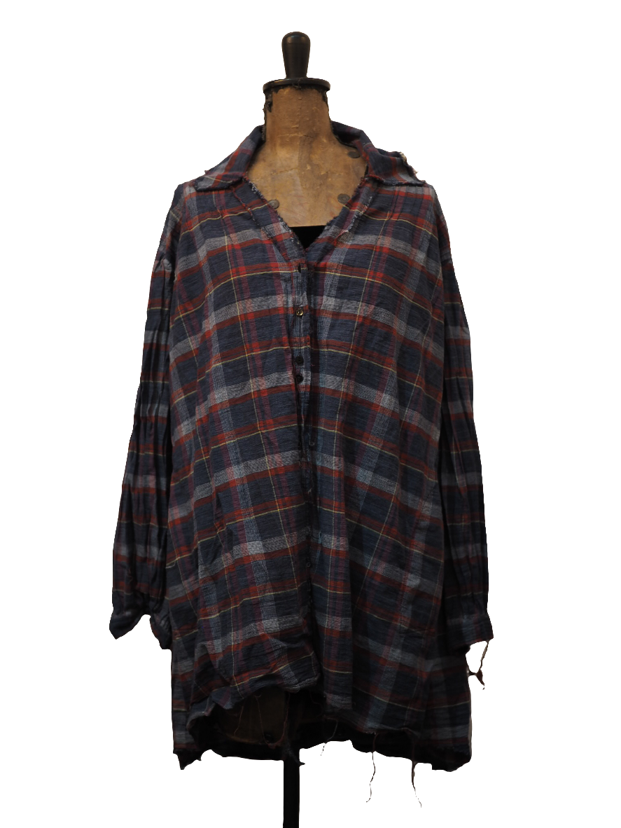 Amano Pin-tuck check Shirt (Linen) - Navy/White/rust tartan