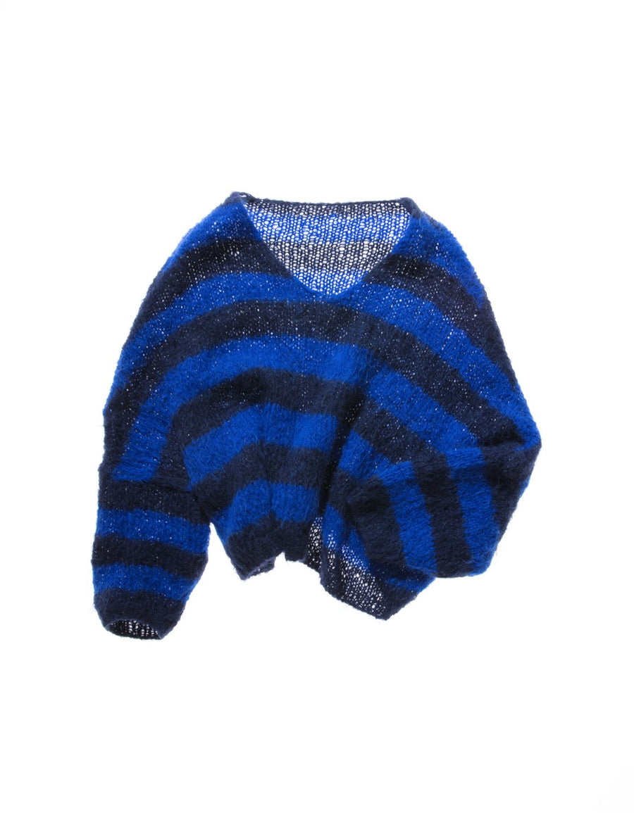 Hand-Knit V Neck Batwing Sweater (Alpaca) - Blue Stripe