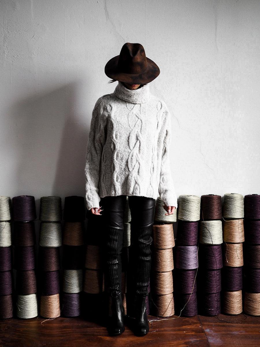 Cable Knit Funnel Neck Sweater - Snow Marble