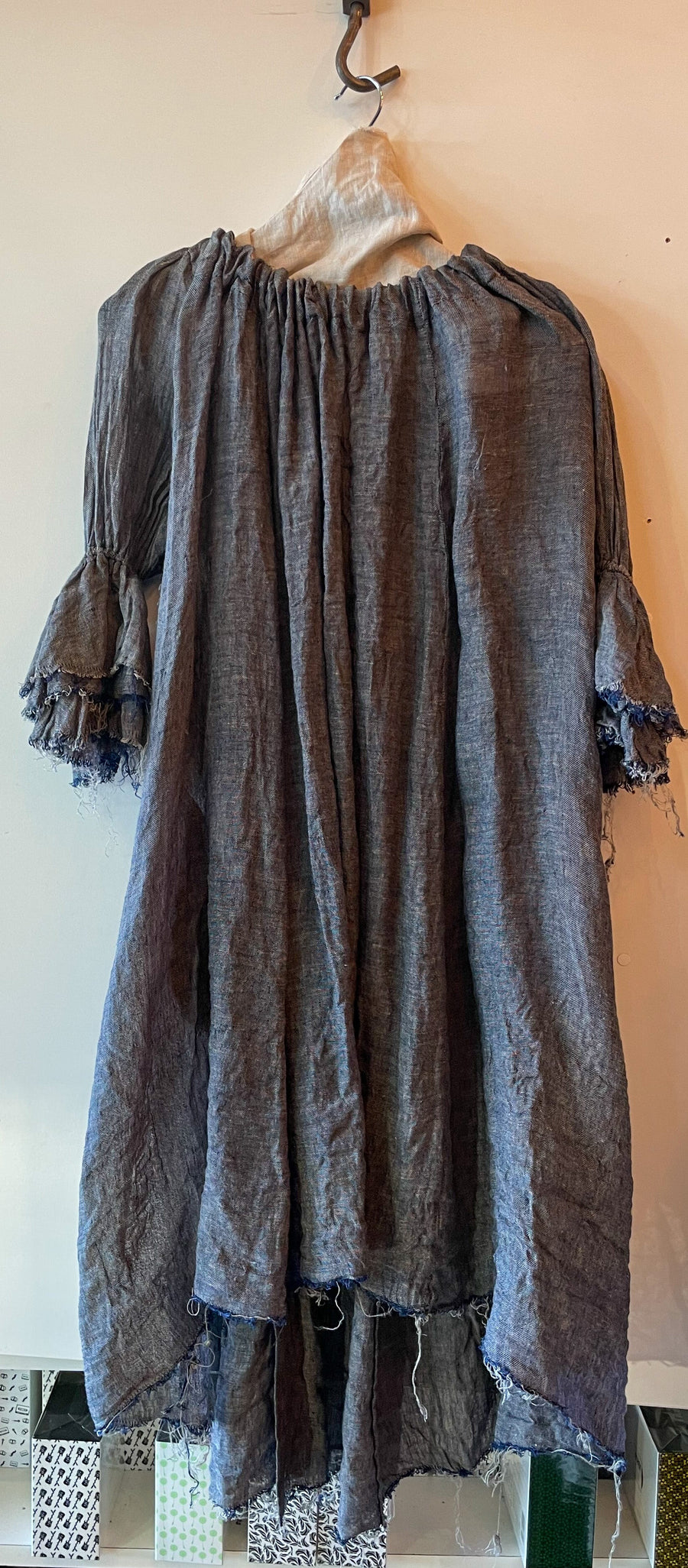 Button Back Dress / Duster -( Linen Gauze) Denim Grey