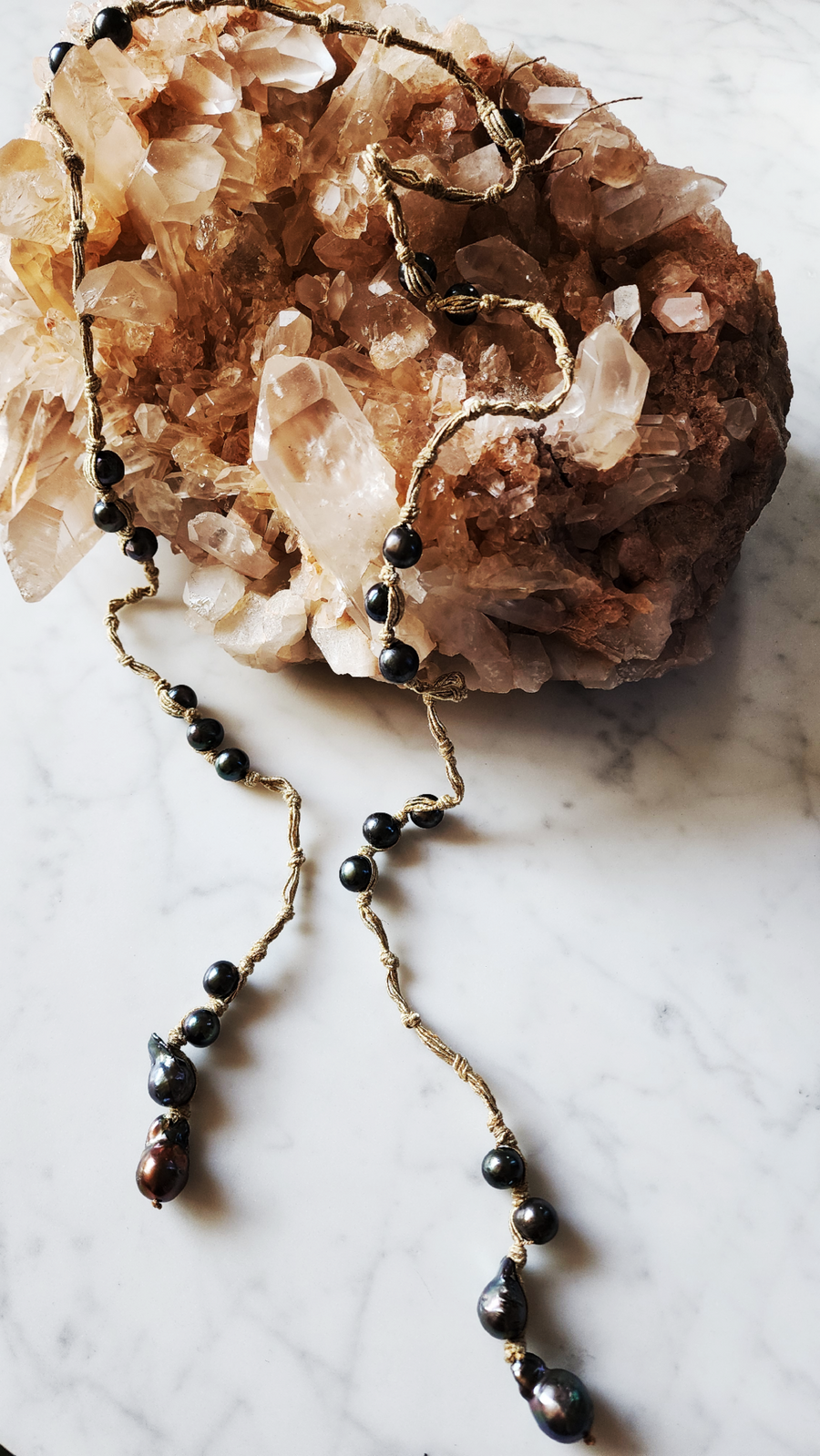 Multi Pearl Lariat Necklace On Silk Thread - Ebony