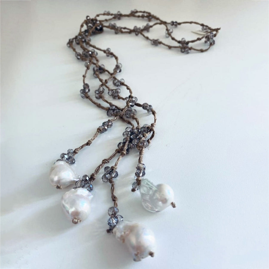 Mela Pearl And Crystal Wrap Necklace - Blue Caledonia