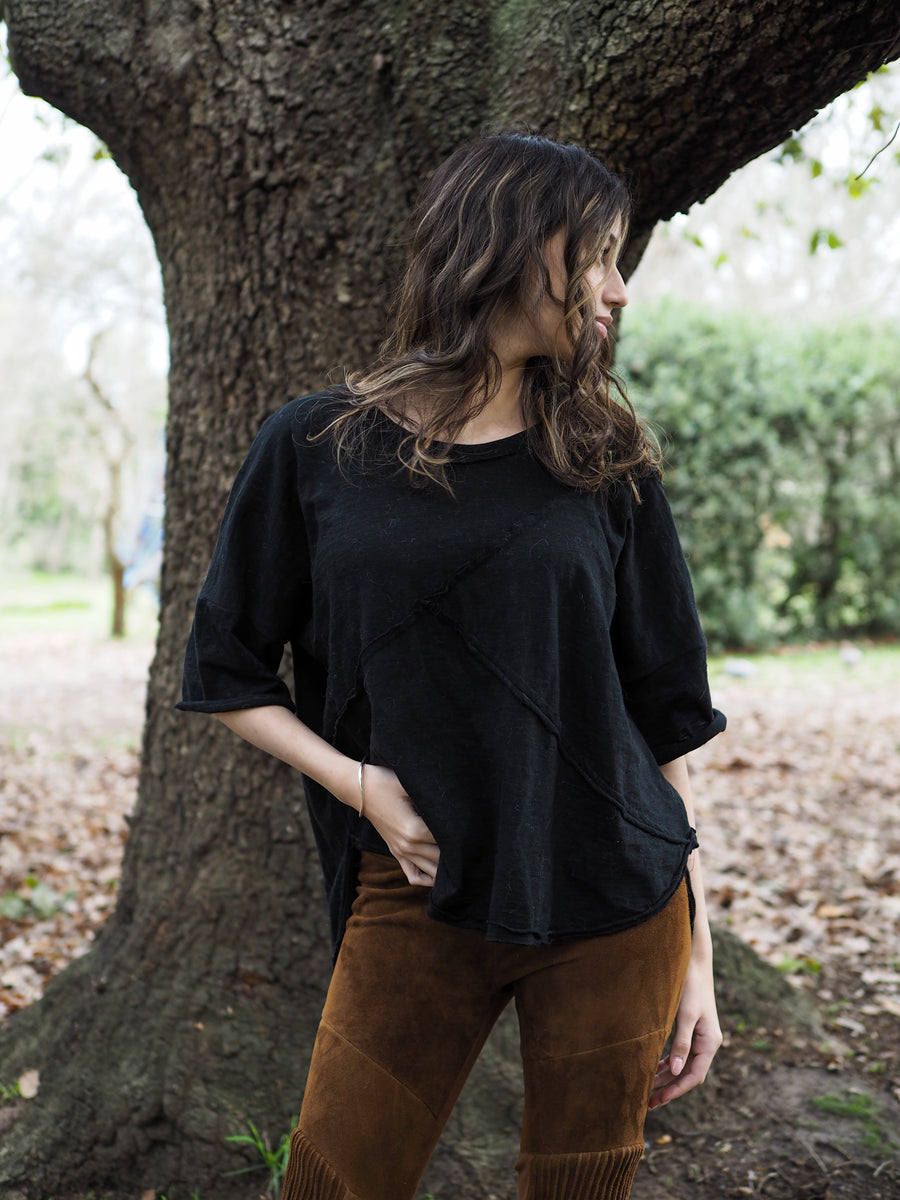 Spliced Tee Top - (Linen) Black
