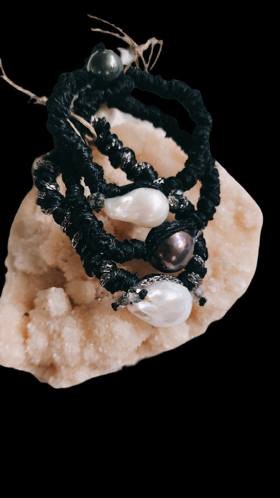 Baroque pearl bracelet +Smoky quartz Crystals - black silk