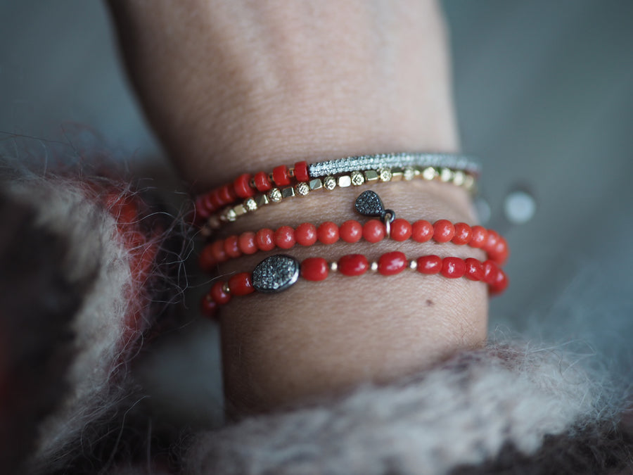 Coral stones bracelet with silver pave diamonds disk