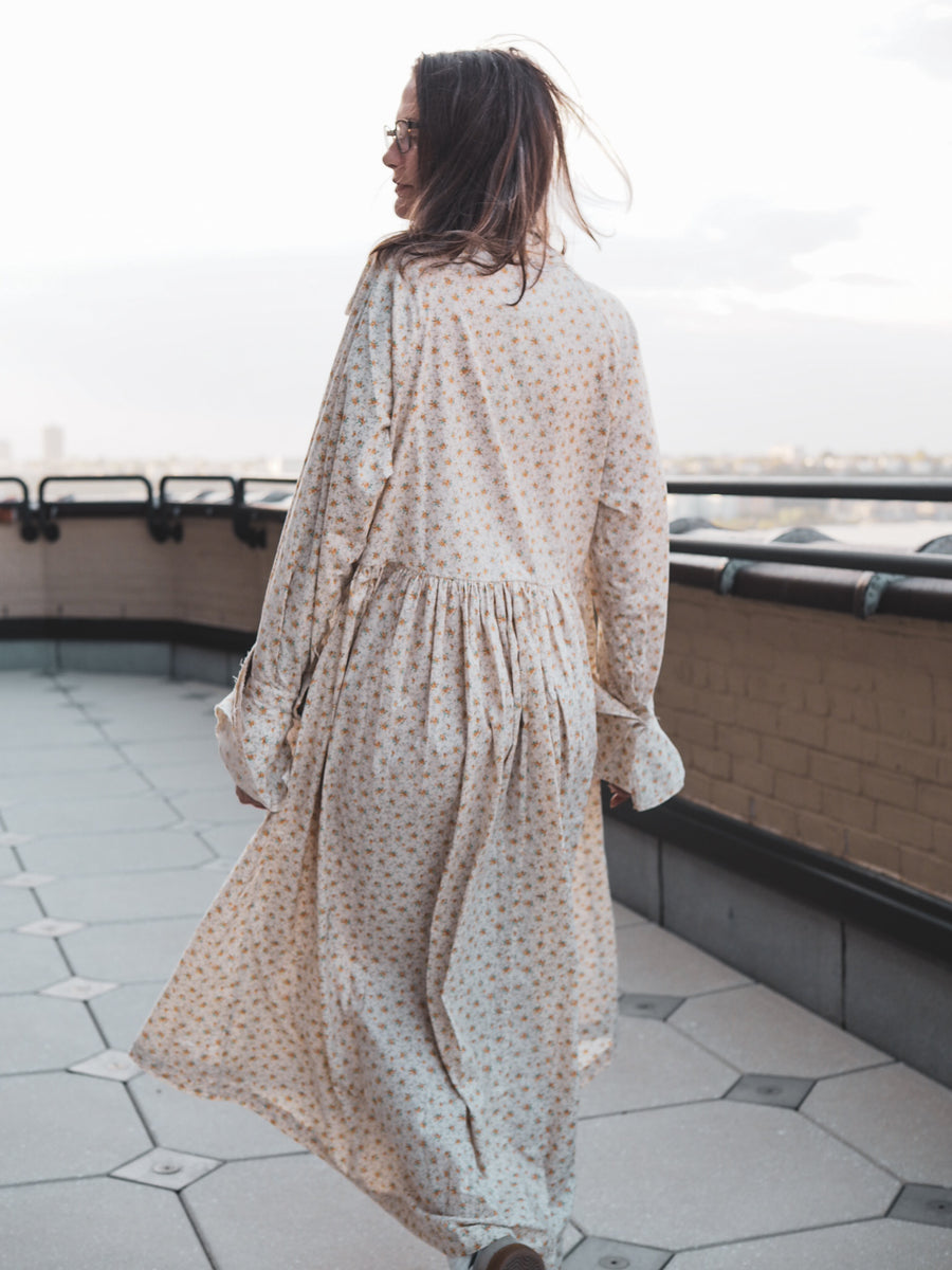 Shirt Dress with ruffle collar and cuffs (Cotton Lawn) -tiny Flora