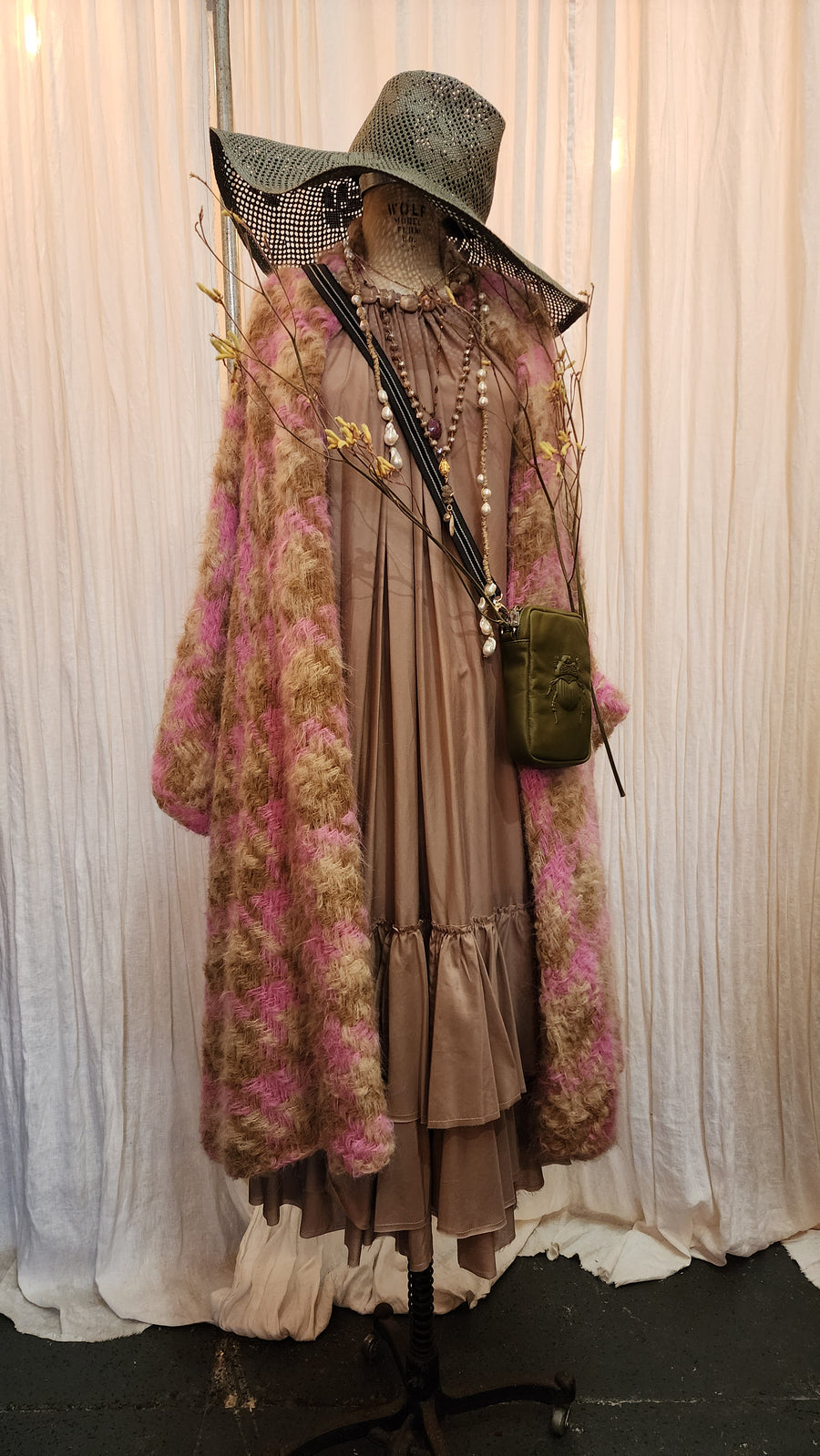 Handloom Maxi coat in houndstooth weave - Bespoke pink/nude