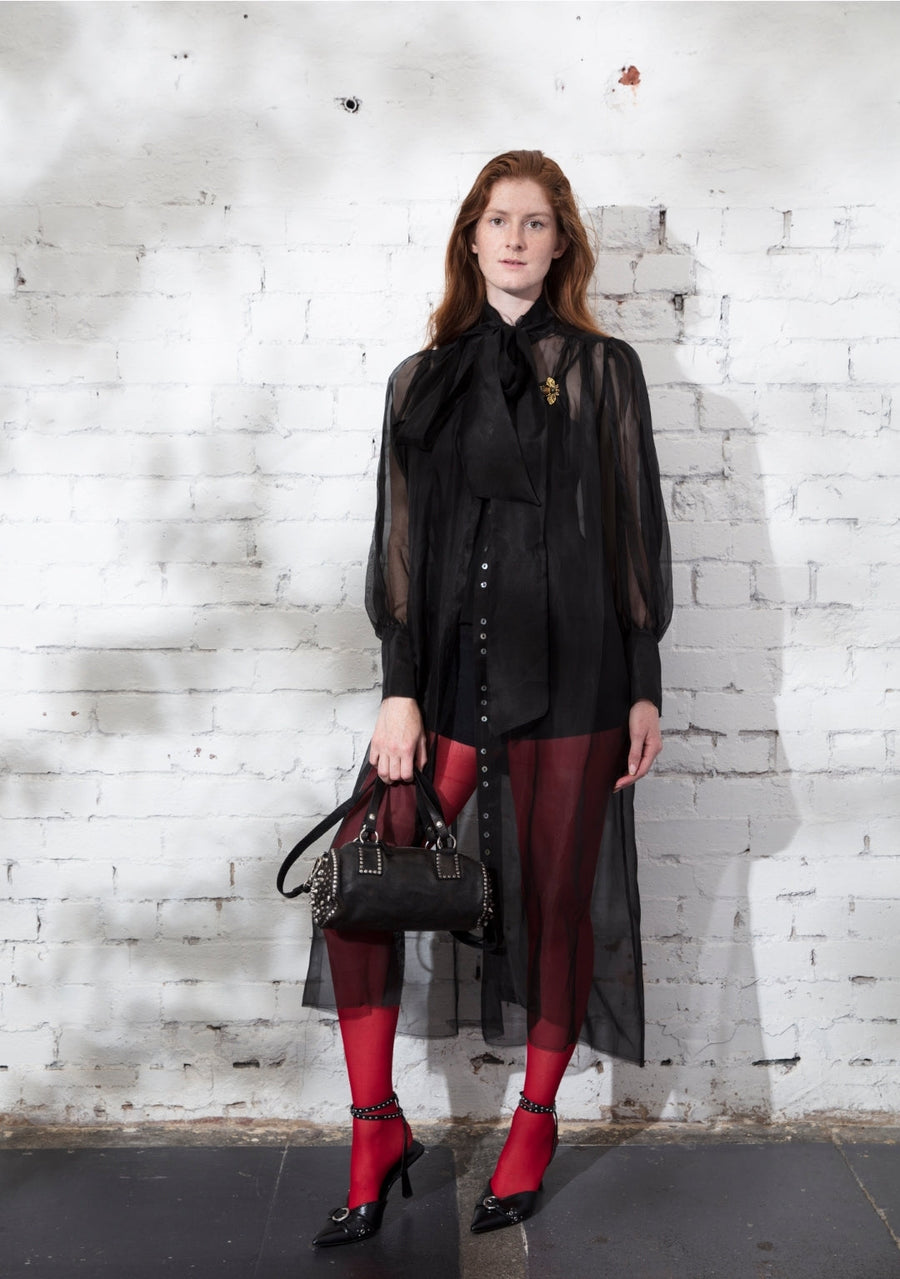 Button Through Shirt Dress (Silk Organza) - Black