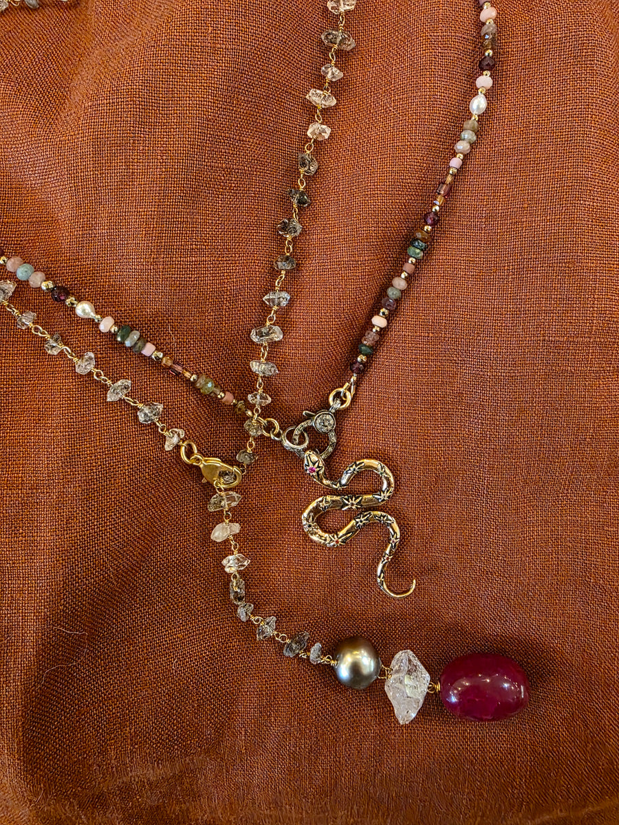 Lariat Necklace - Herkimer Diamonds + Tahitian grey Pearl + Ruby stone